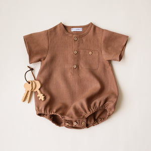 Cocoa Brown Linen Short Sleeve Bubble Onesie with Pocket
