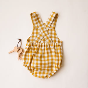 Mustard Yellow Gingham Linen Straps Romper with Front Pocket