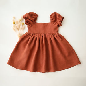 Rust Linen Button-Front Dress with Puff Sleeve
