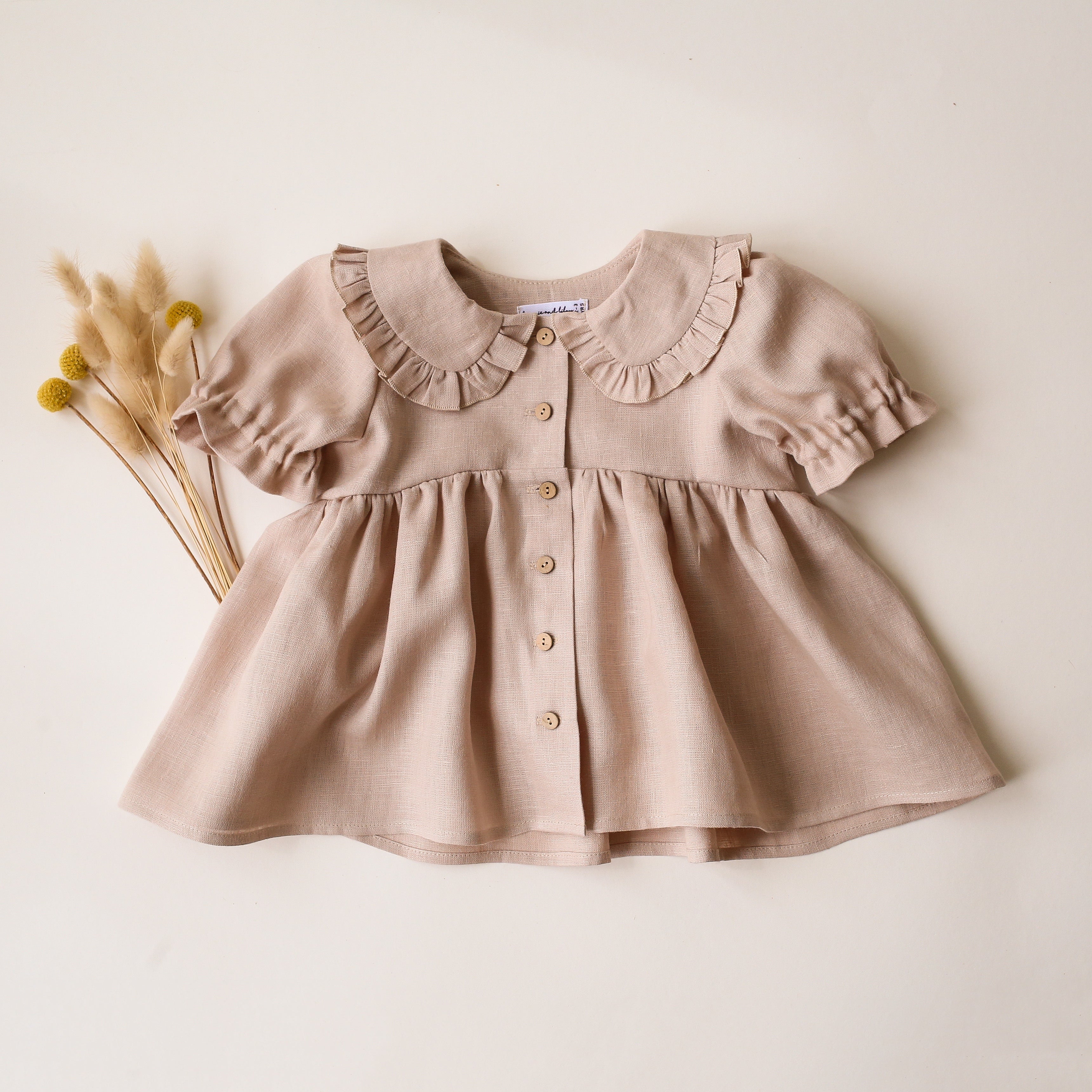 Beige Linen Short Sleeve Frilled Collar Blouse with Curved Bodice