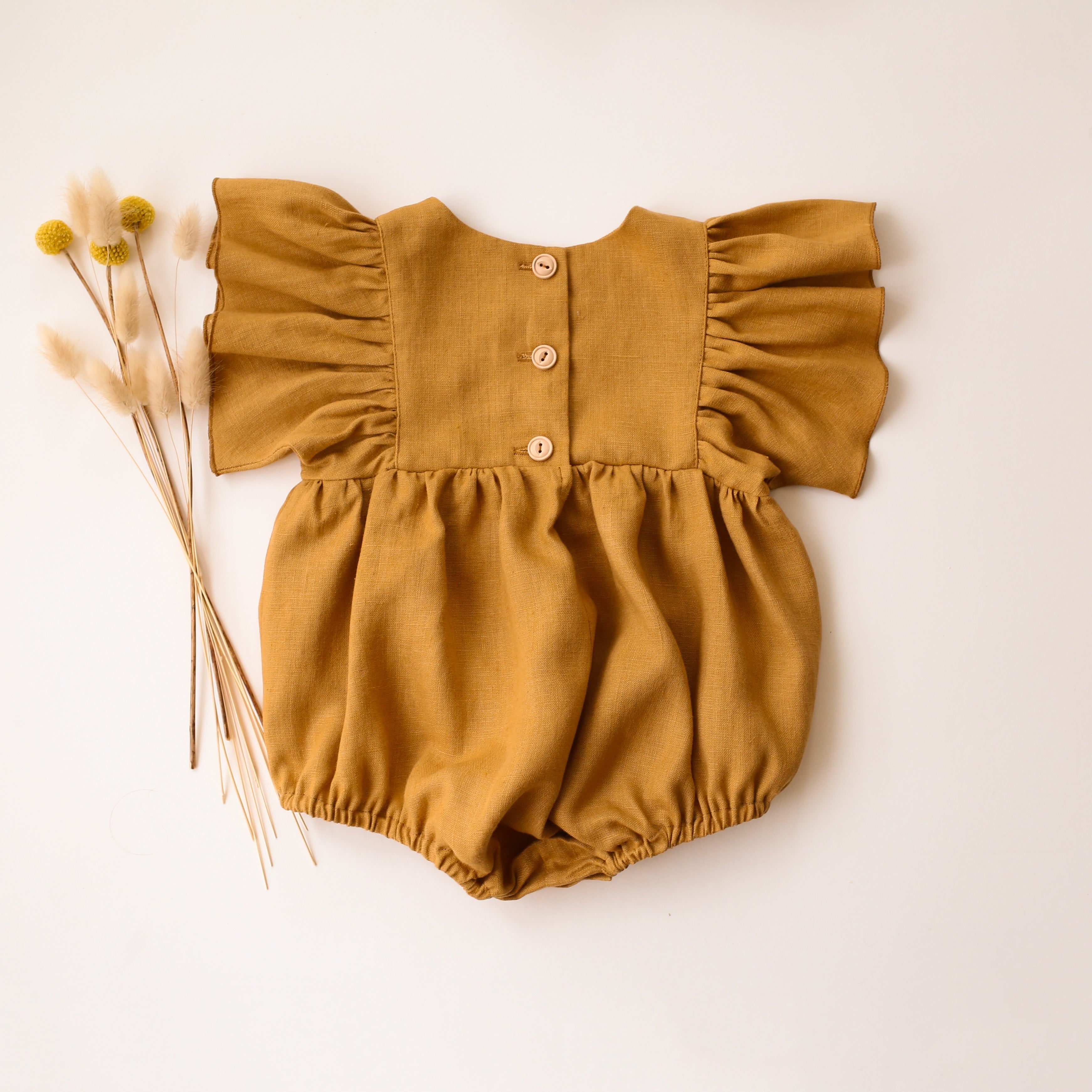 Mustard Linen Ruffle Sleeve Bubble Playsuit