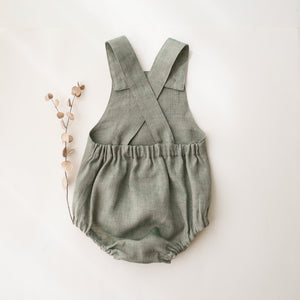 Green Smoke Linen Straps Romper with Front Pocket