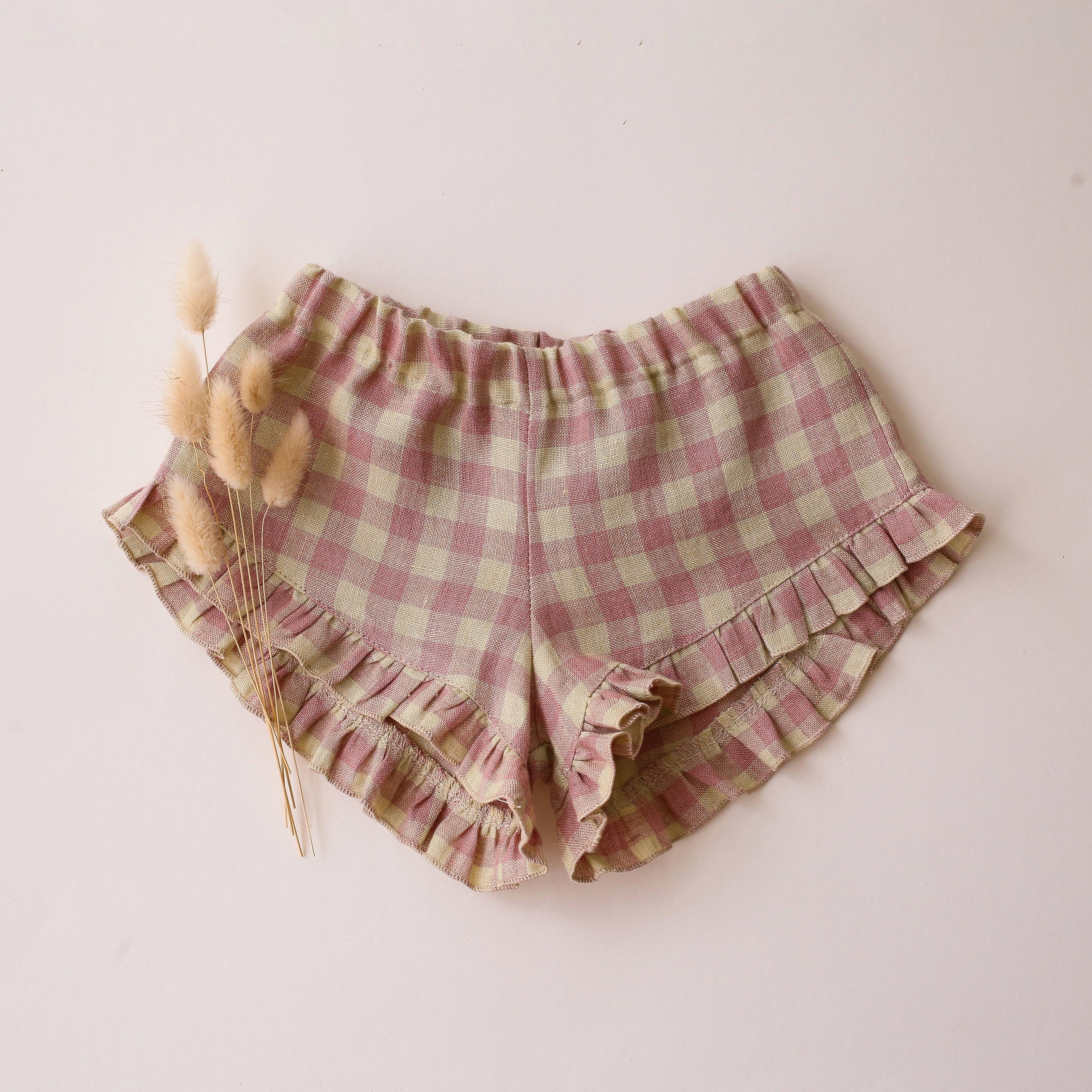 Blush & Cream Gingham Linen Ruffle Shorts