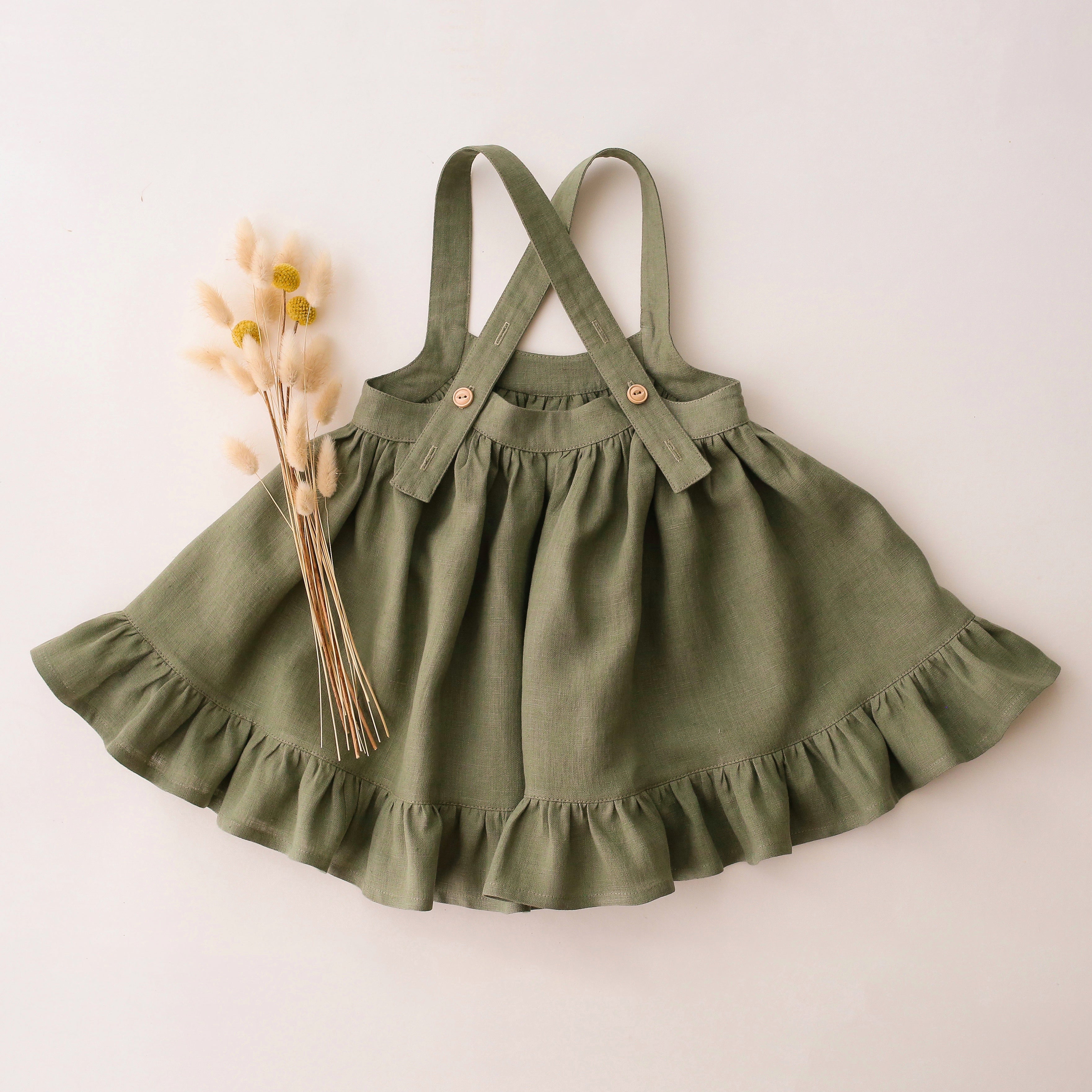 Olive Linen Straps Pinafore with Frills