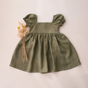 Olive Linen Button-Front Dress with Puff Sleeve