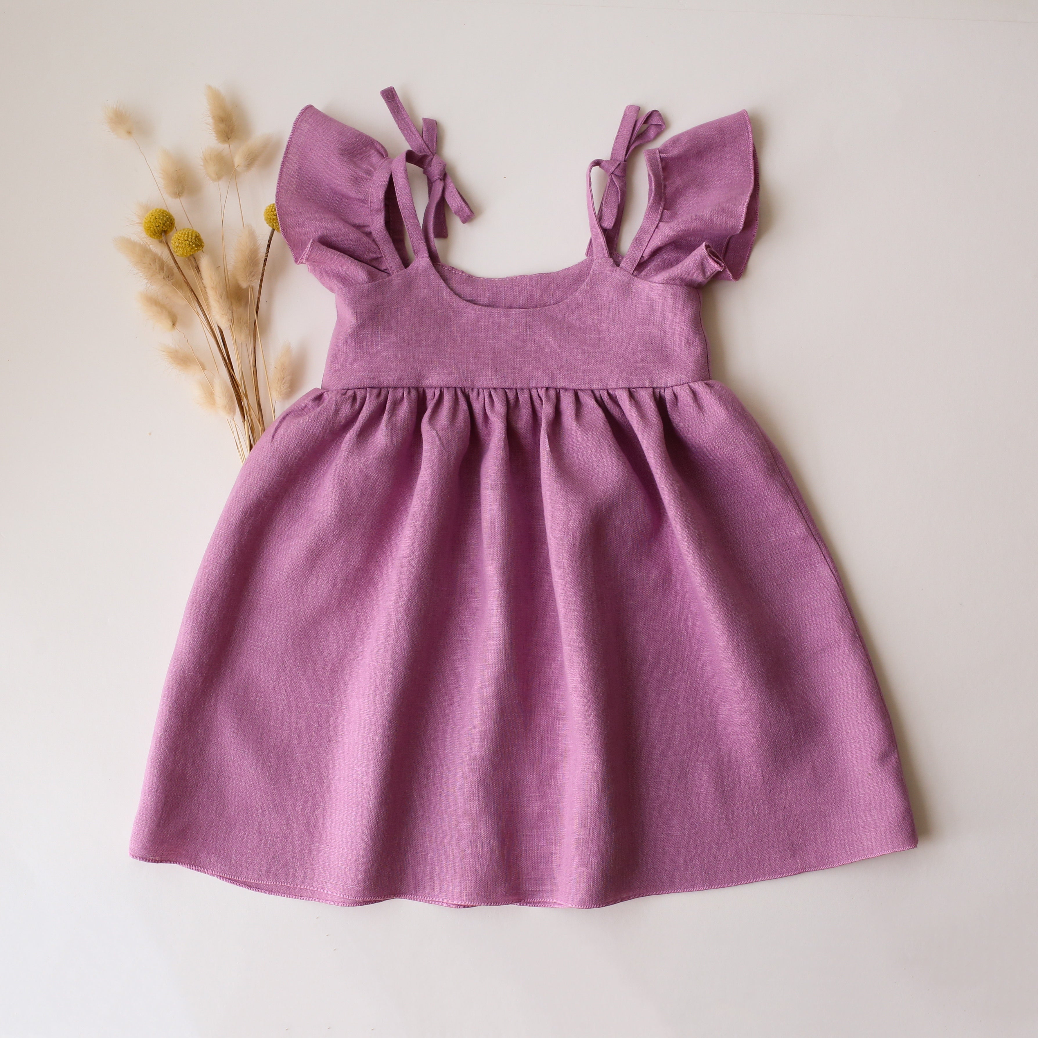 Orchid Pink Linen Cold Shoulder Flutter Sleeve Dress