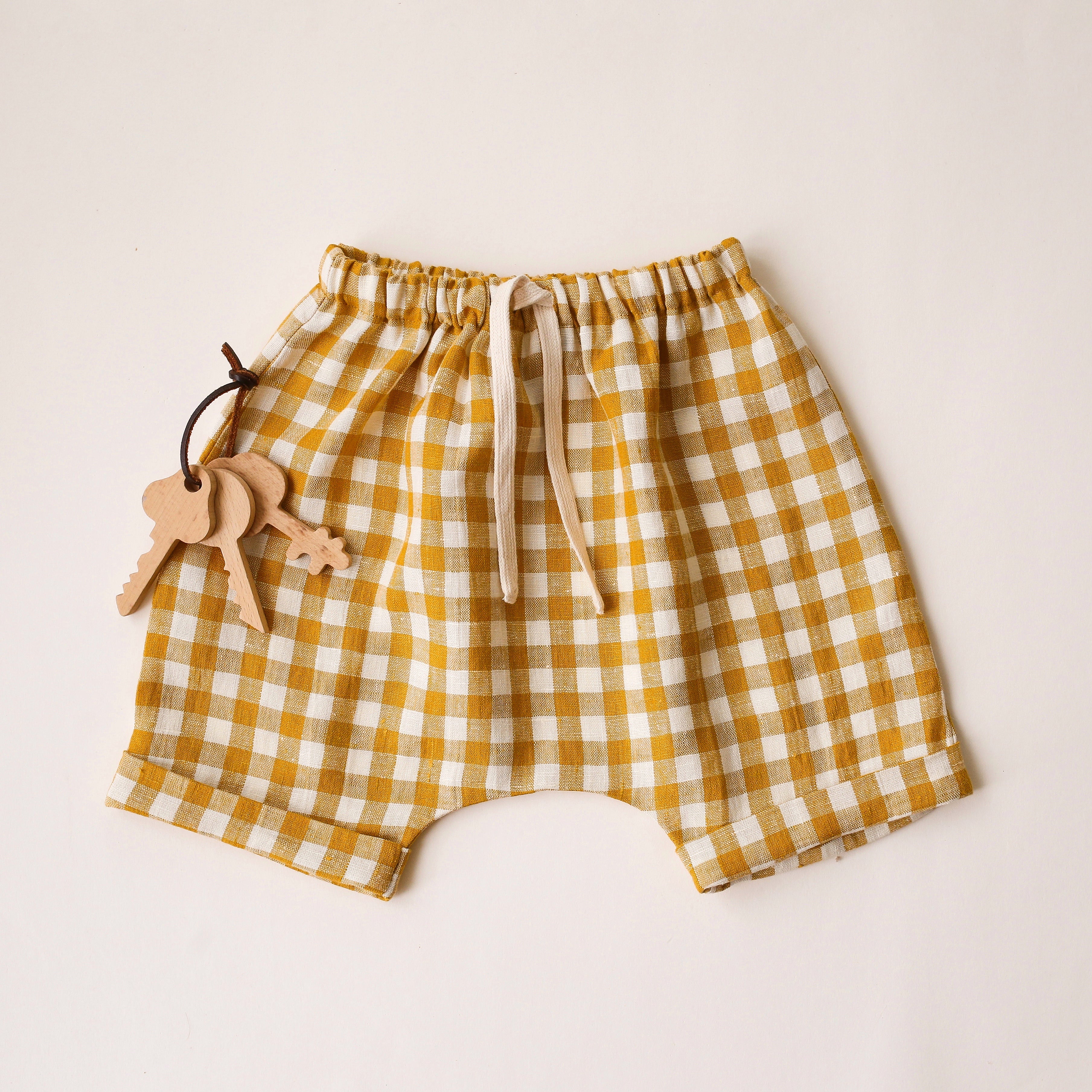 Mustard Yellow Gingham Linen Harem Shorts
