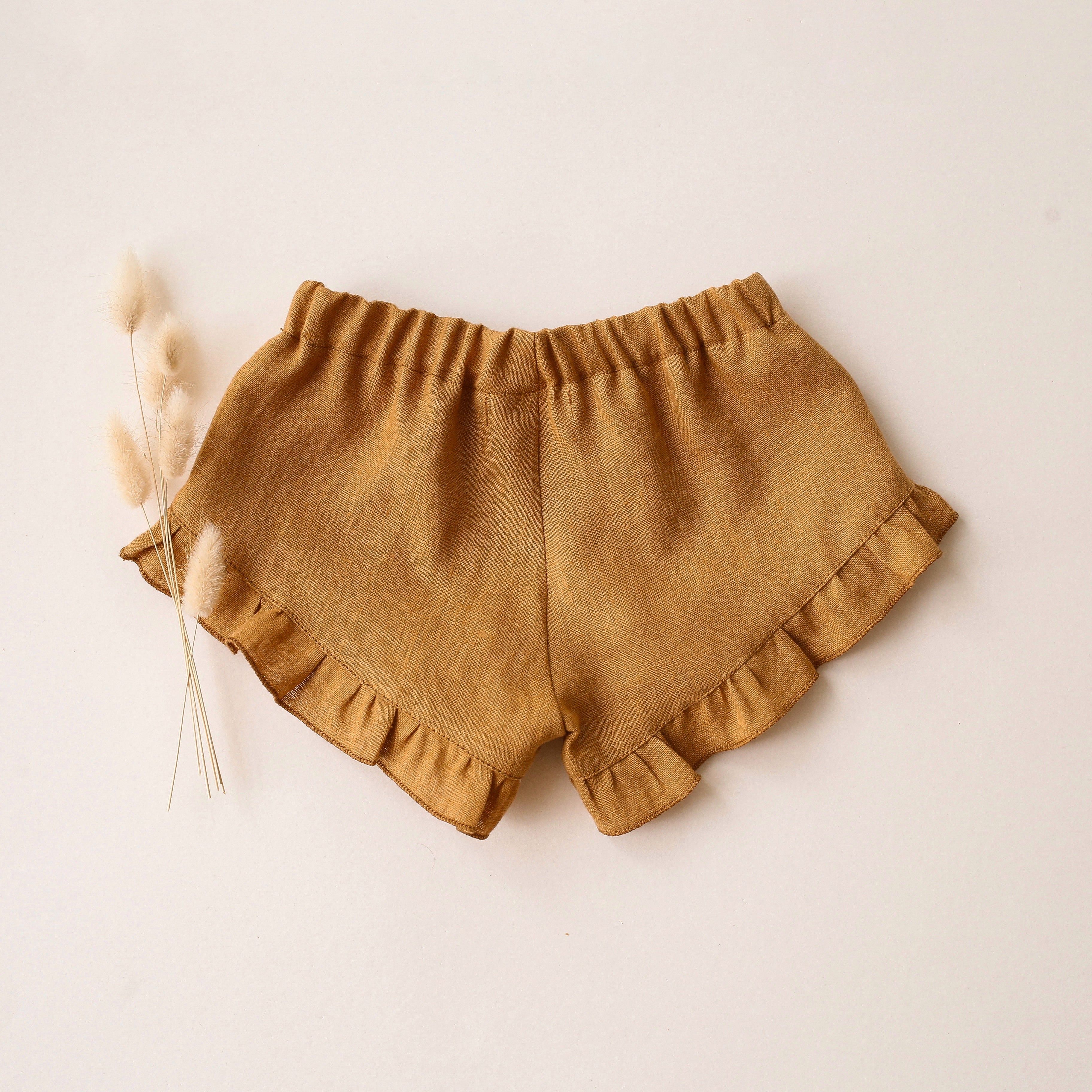 Mustard Linen Ruffle Shorts