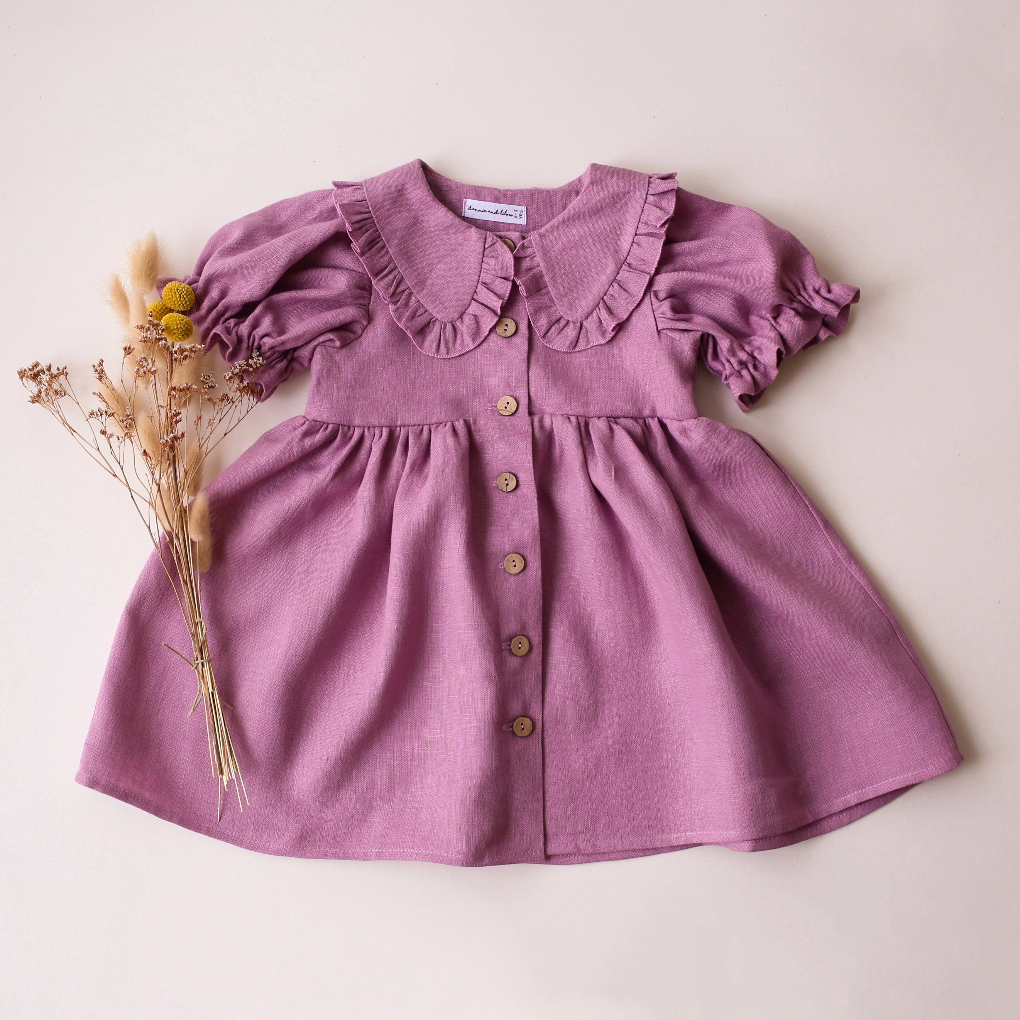 Orchid Pink Linen Short Sleeve Frilled Collar Dress
