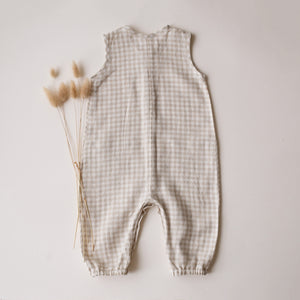Beige Gingham Linen Tank Buttoned Jumpsuit with Pockets