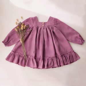 Orchid Pink Linen Long Sleeve Dress with Ruffled Hem