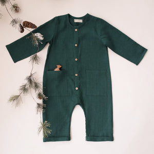 12-18 months - Pine Linen Long Sleeve Buttoned Jumpsuit with Pockets
