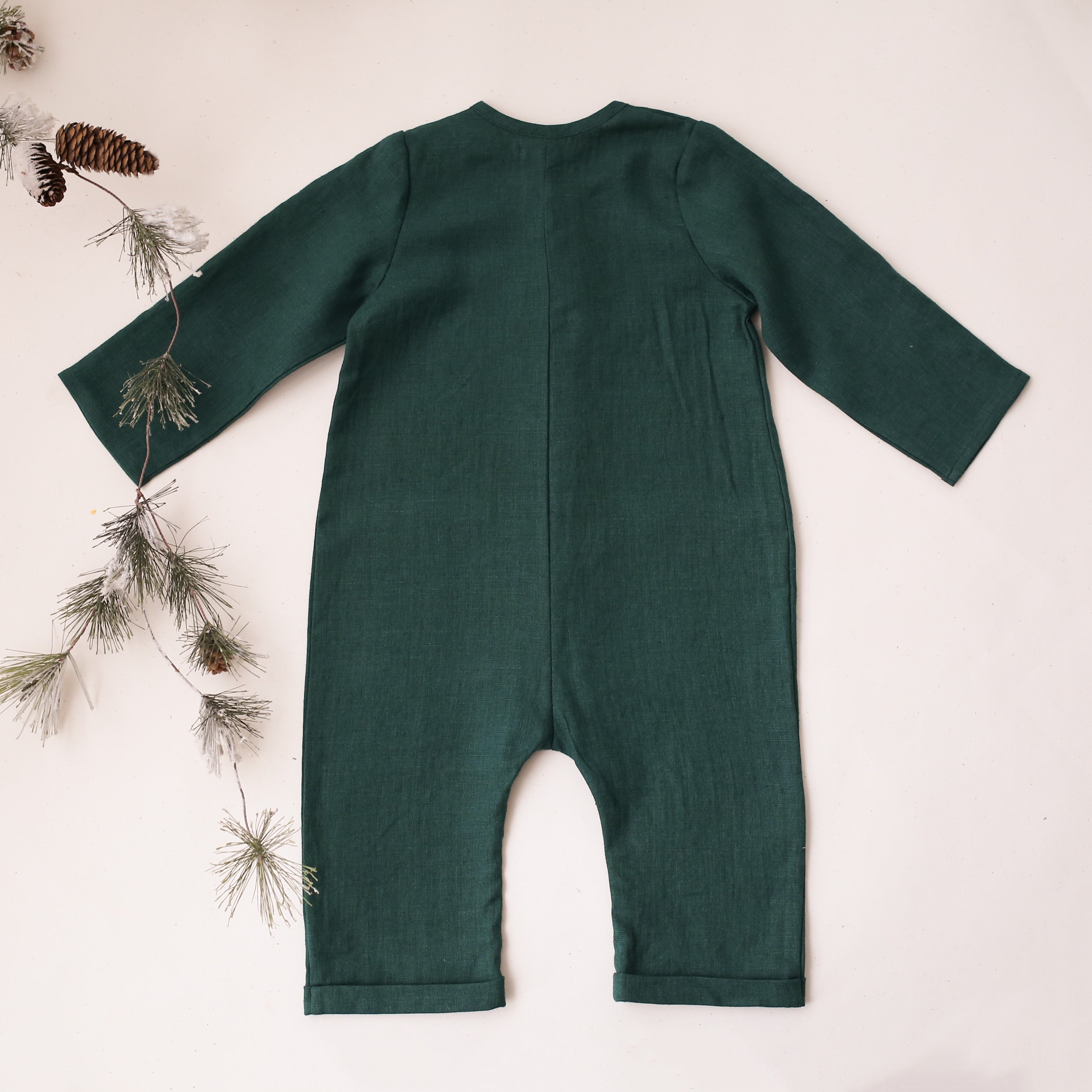 12-18 months - Pine Linen Long Sleeve Buttoned Jumpsuit with Pockets