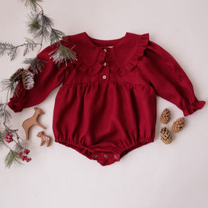 Newborn - Berry Linen Long Sleeve Frilled Collar Bubble Playsuit