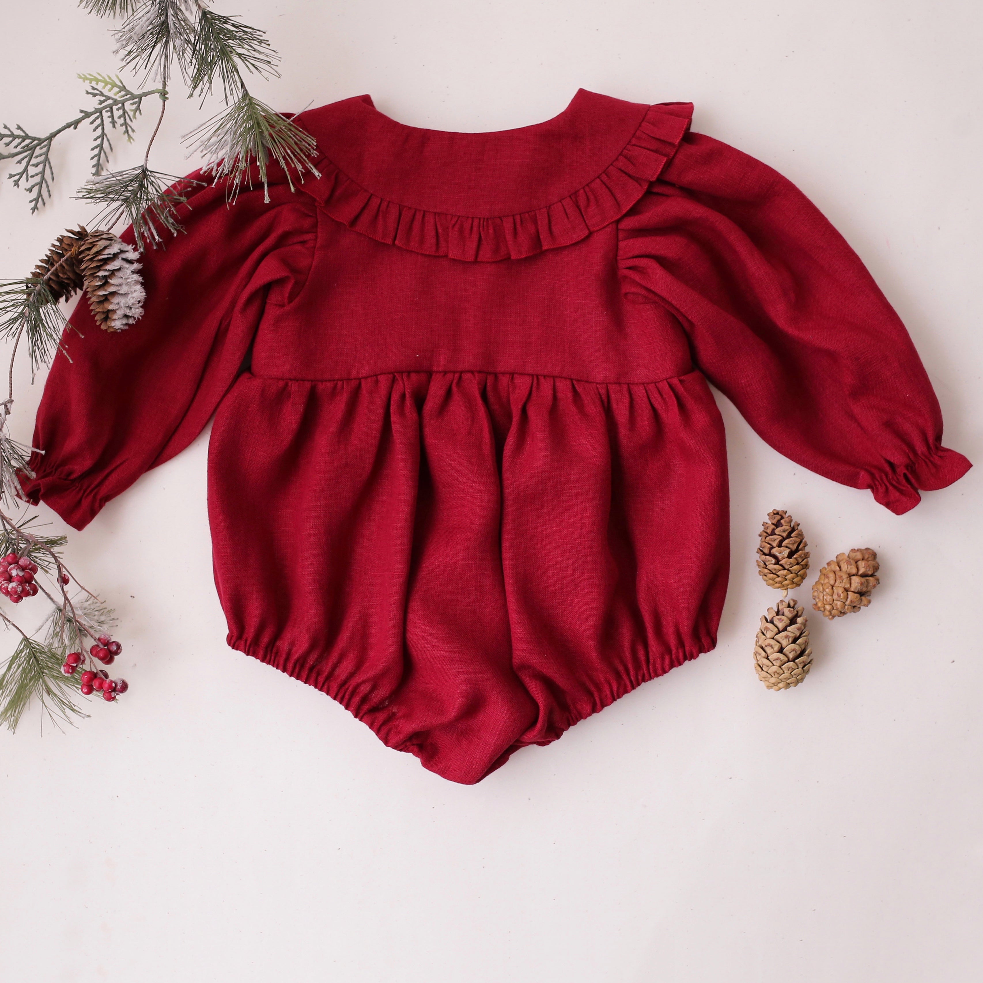 Berry Linen Long Sleeve Frilled Collar Bubble Playsuit