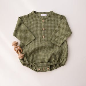 12-18 months - Olive Gingham Linen Long Sleeve Bubble Onesie