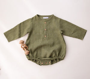 12-18 months - Olive Gingham Linen Long Sleeve Bubble Onesie