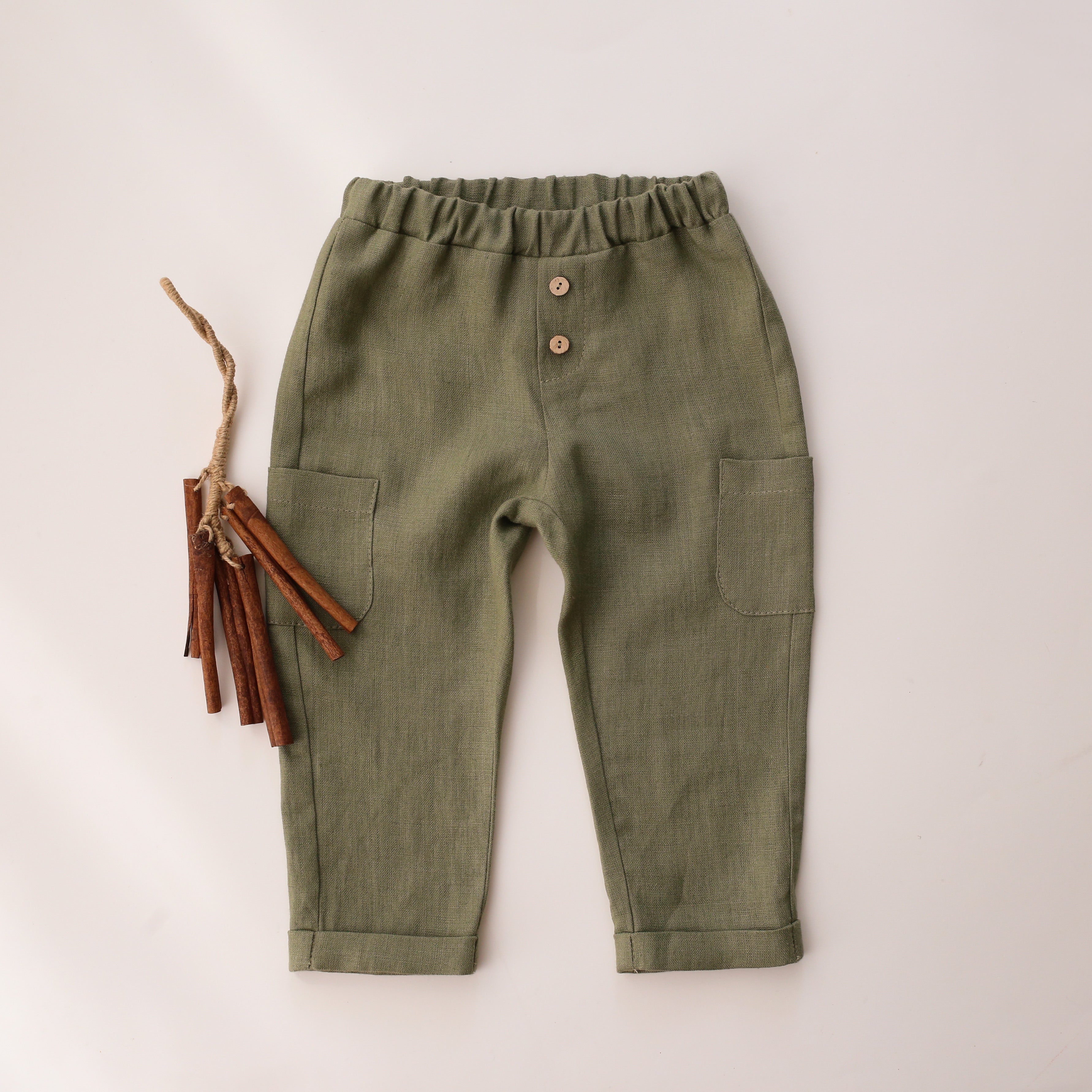 12-18 months - Olive Linen Pocket Pants