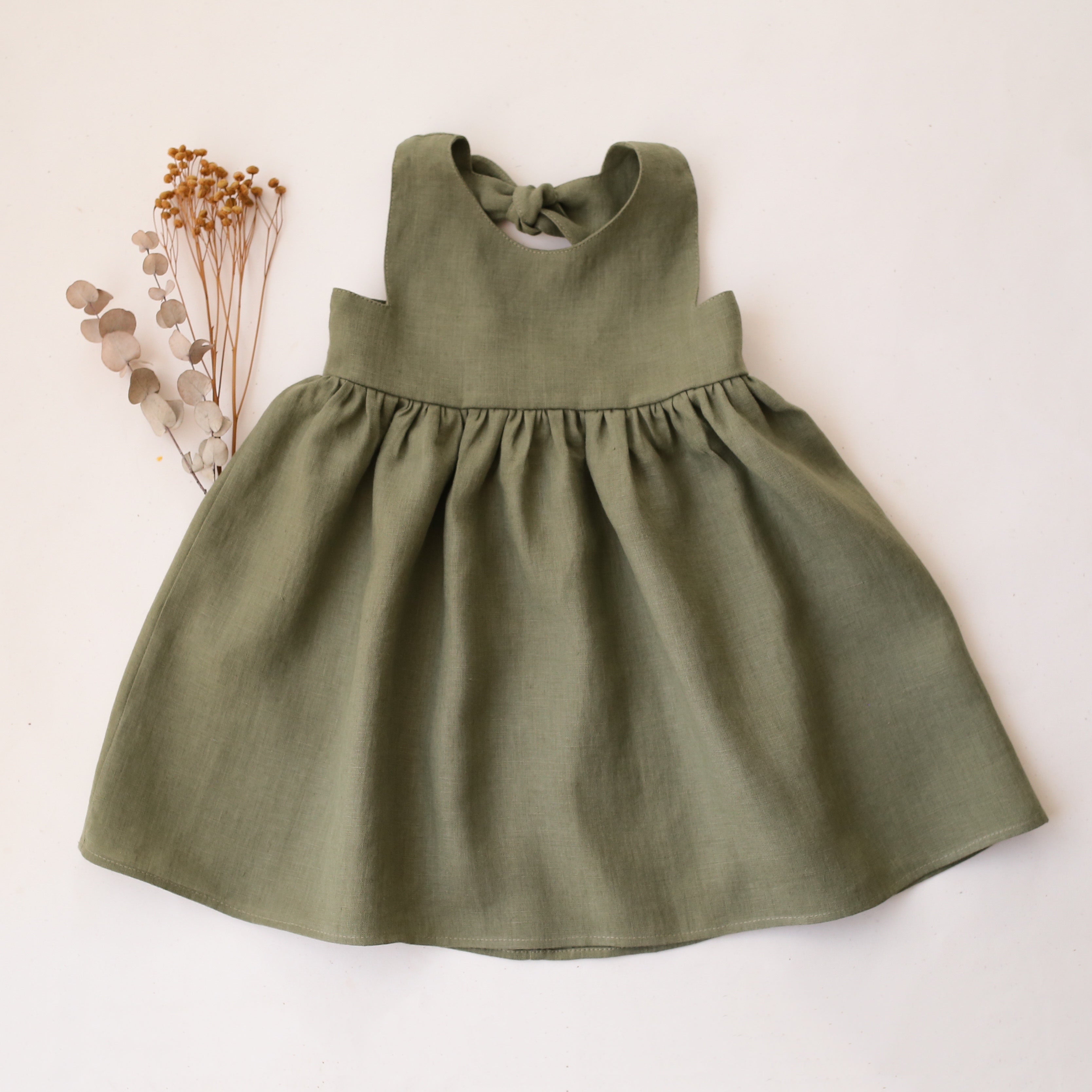 Olive Linen Dress with Cutout Back