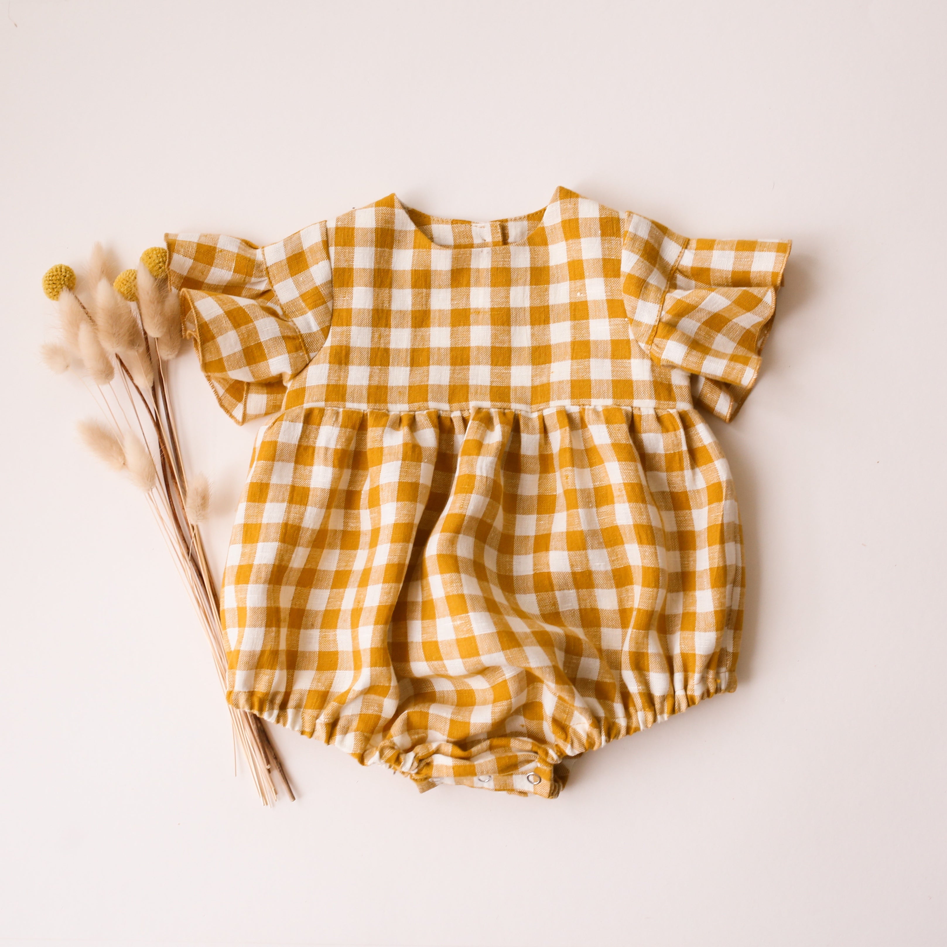 Mustard Yellow Gingham Linen Flounce Sleeve Bubble Playsuit