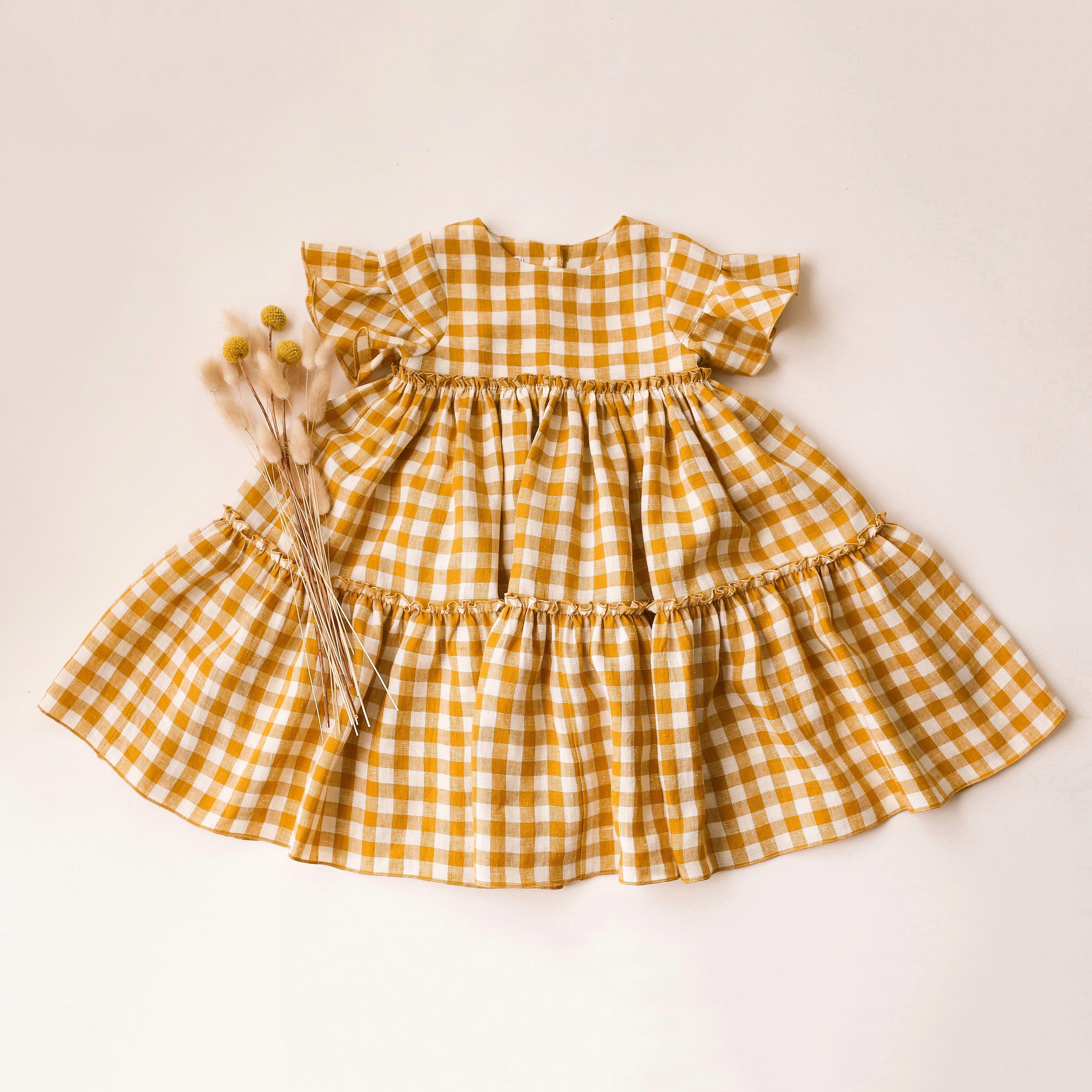 Mustard Yellow Gingham Linen Flounce Sleeve Tiered Dress