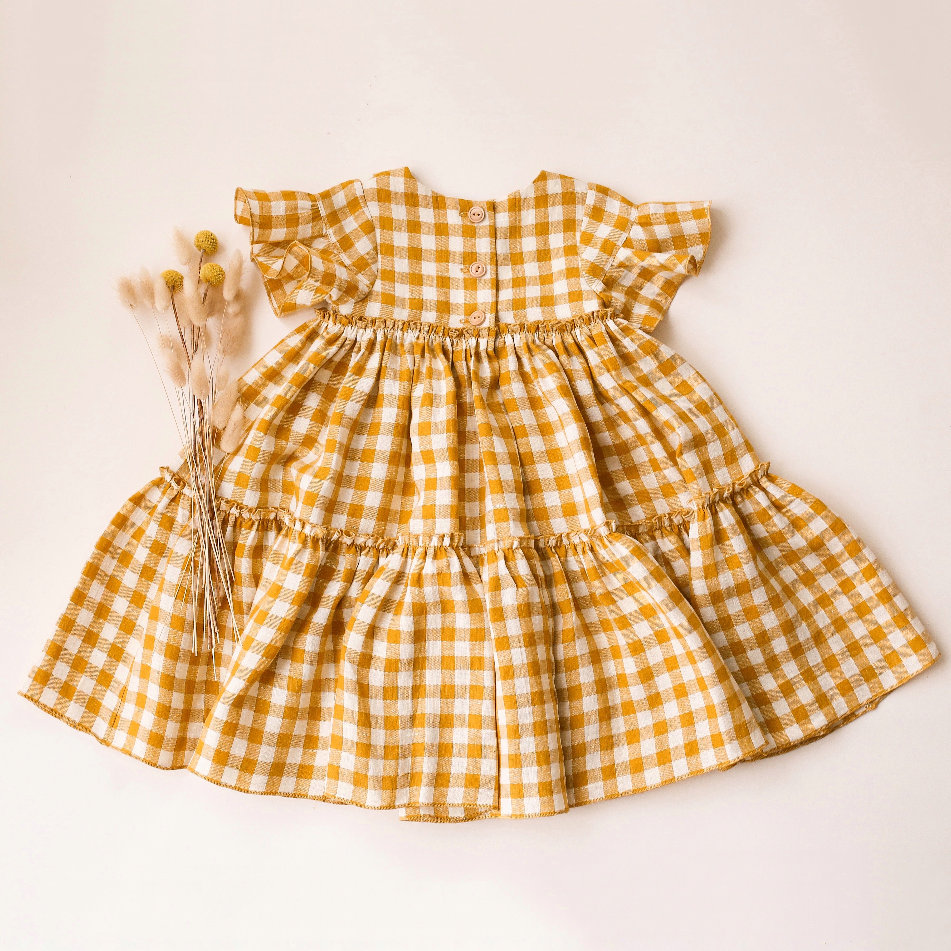 Mustard Yellow Gingham Linen Flounce Sleeve Tiered Dress