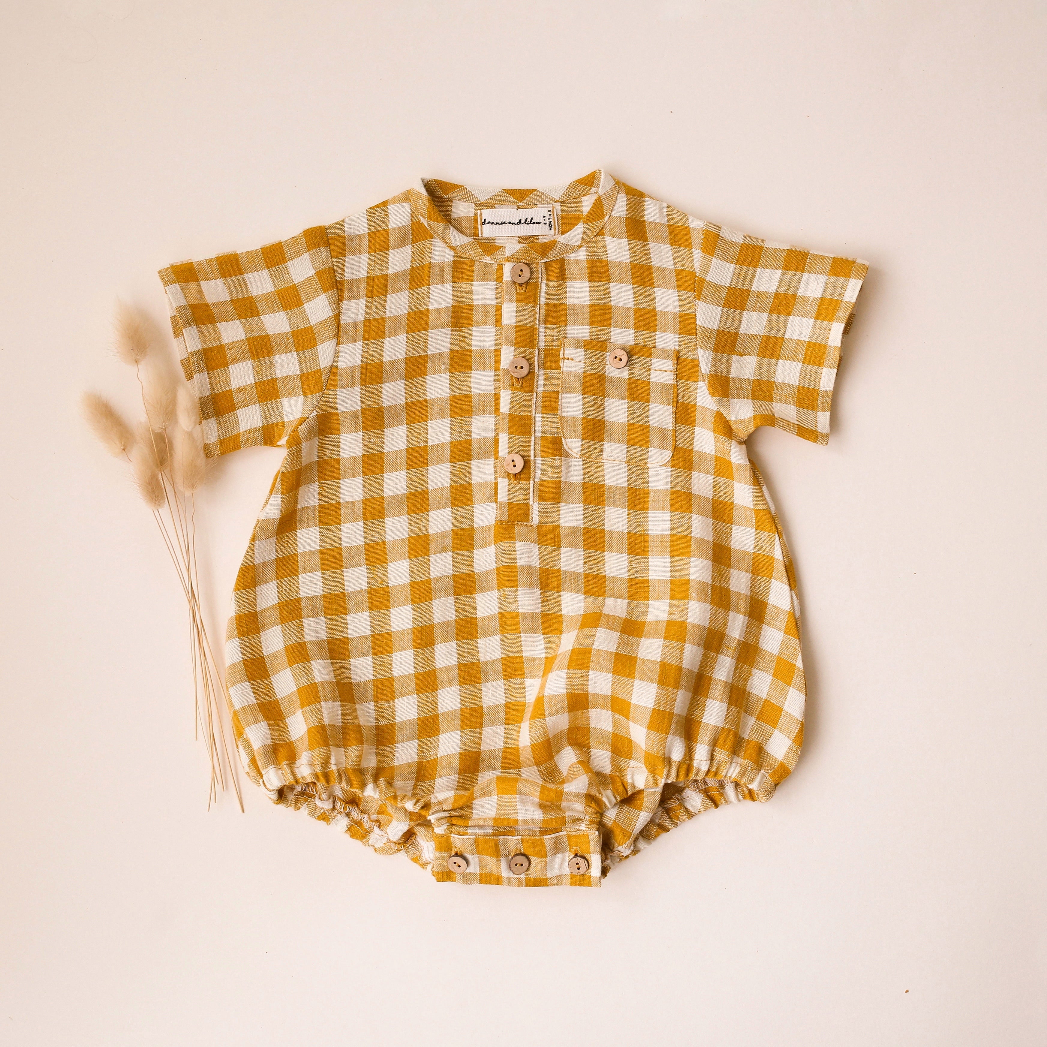Mustard Yellow Gingham Linen Short Sleeve Bubble Onesie with Pocket