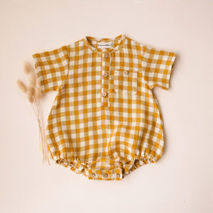 Mustard Yellow Gingham Linen Short Sleeve Bubble Onesie with Pocket