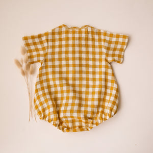 Mustard Yellow Gingham Linen Short Sleeve Bubble Onesie with Pocket