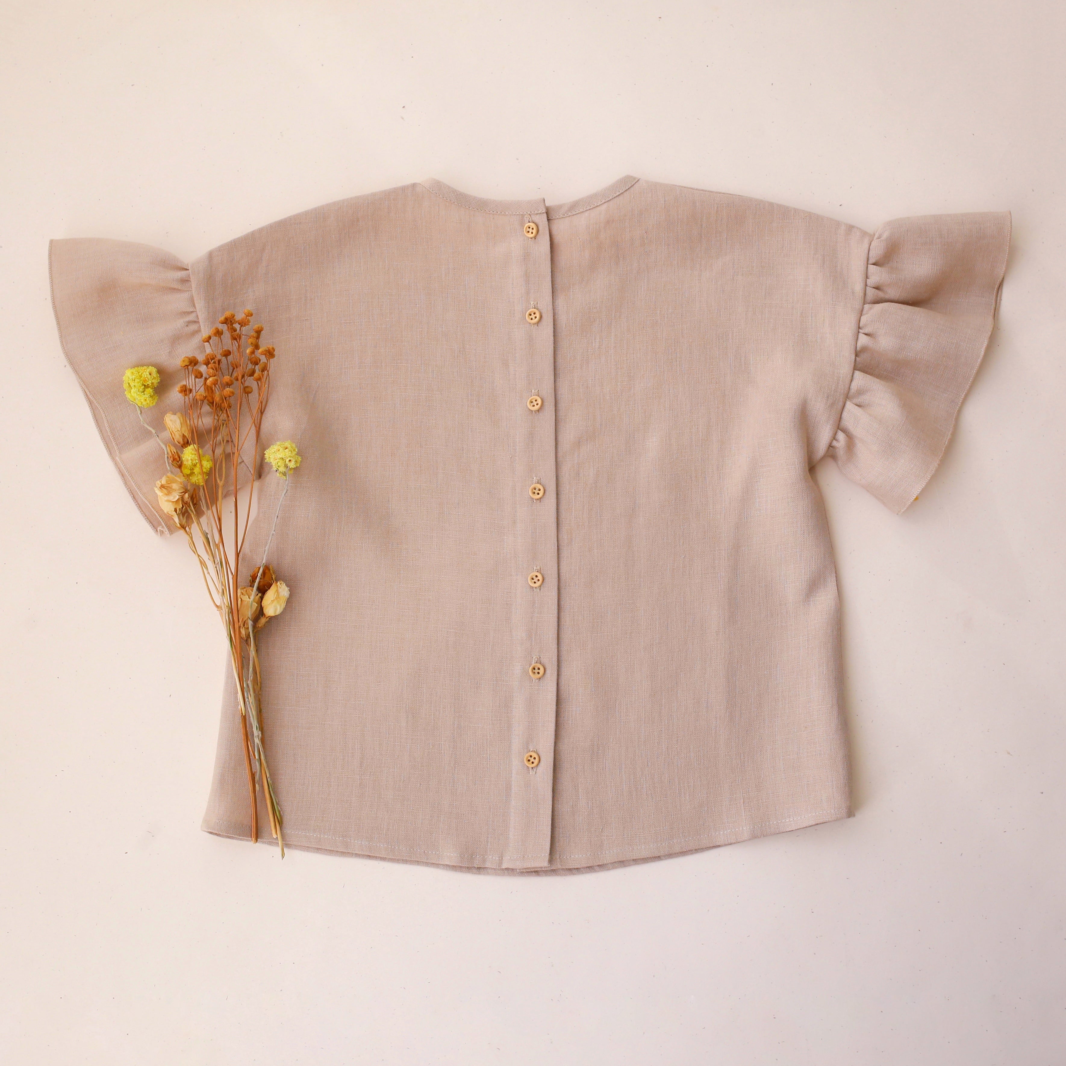 Beige Linen Ruffle Sleeve Top