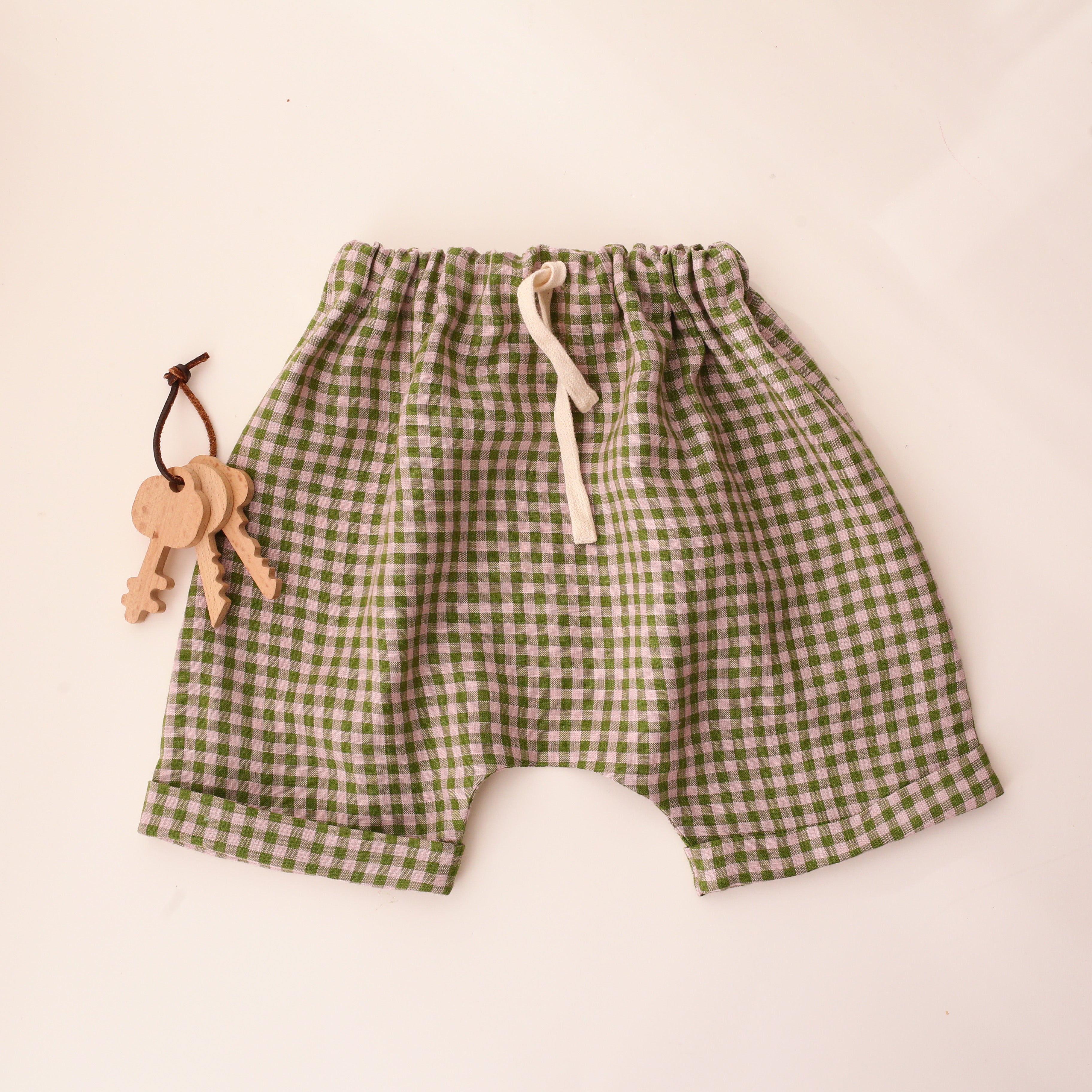 Grass Green Gingham Linen Harem Shorts
