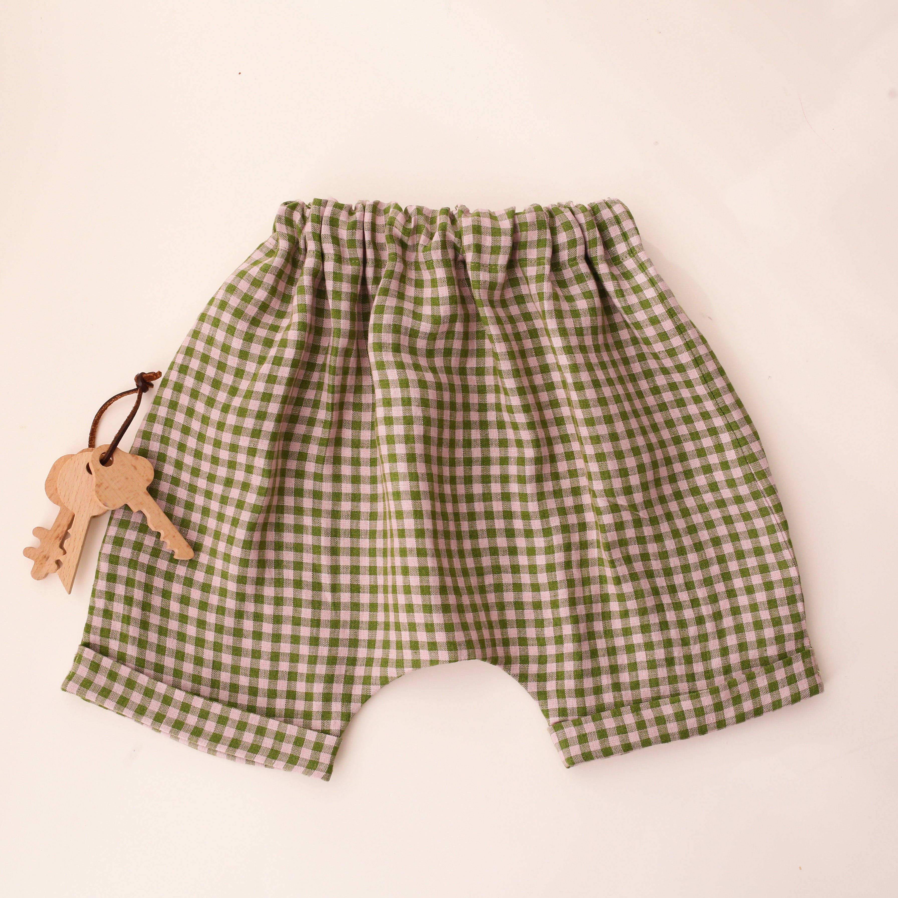 Grass Green Gingham Linen Harem Shorts