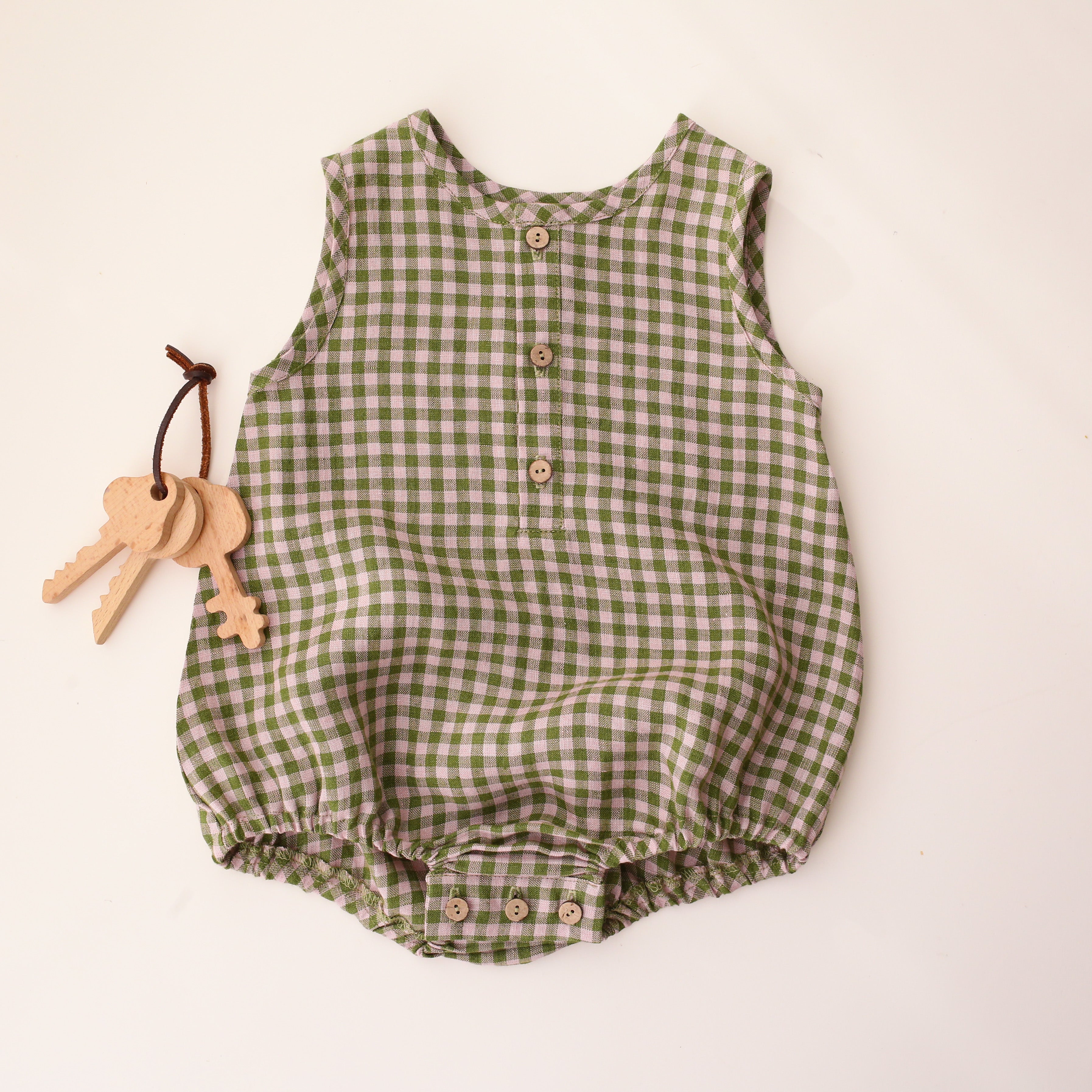 Grass Green Gingham Linen Tank Bubble Onesie