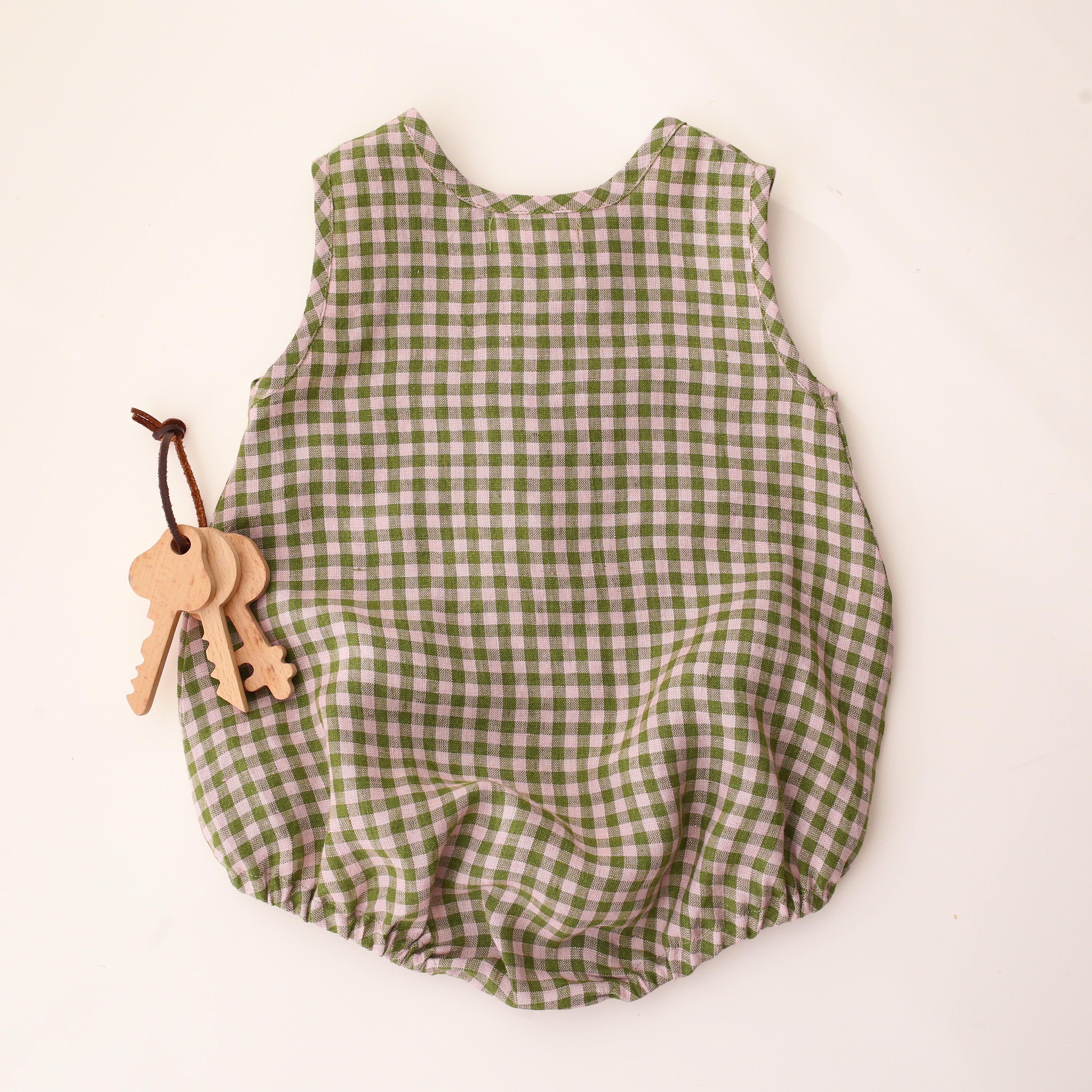 Grass Green Gingham Linen Tank Bubble Onesie