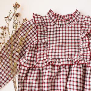 Red & Black Gingham Cotton Long Sleeve Frills Bodice Bubble Playsuit