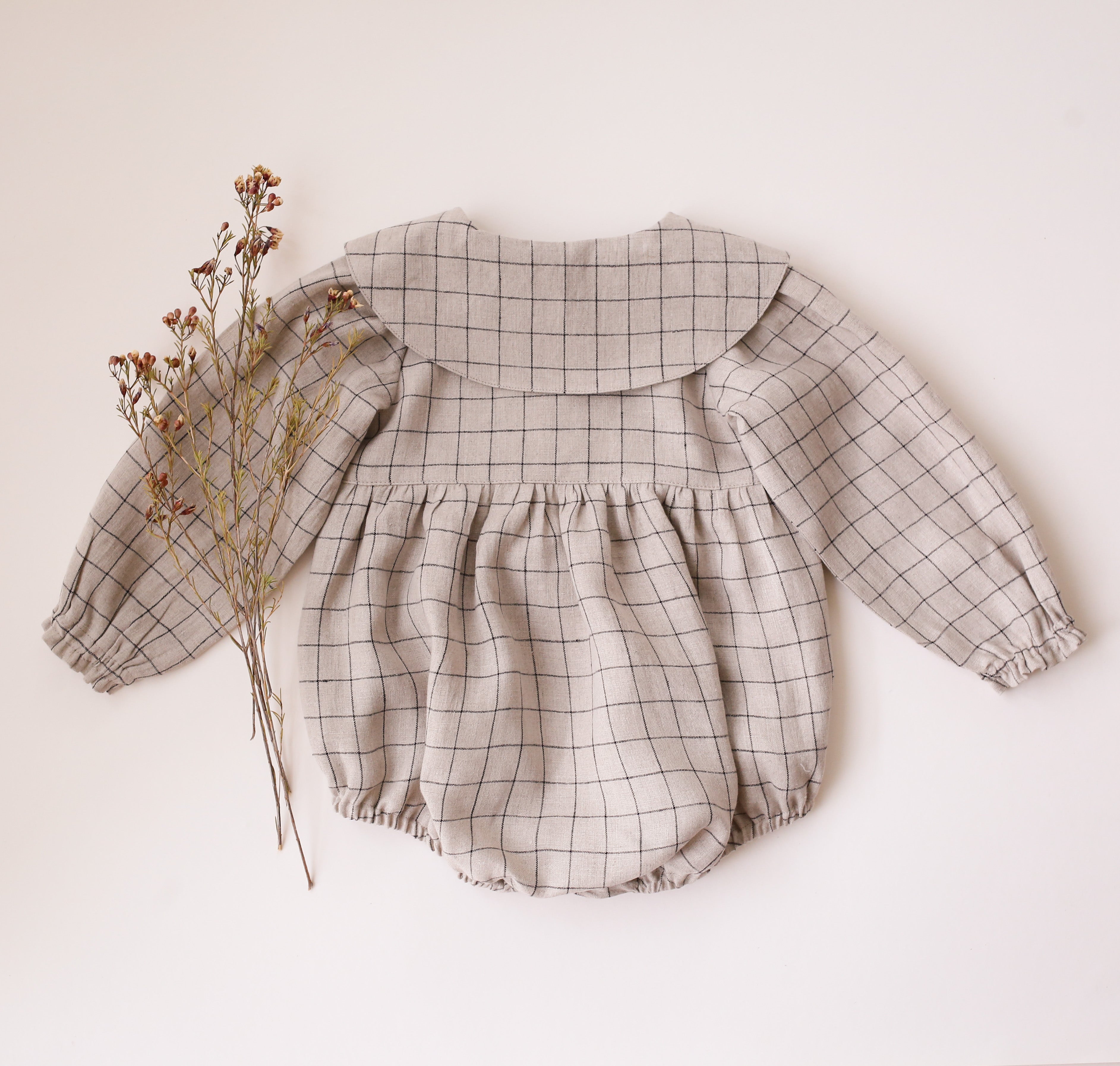 Natural Check Linen Long Sleeve Pointed Collar Bubble Playsuit