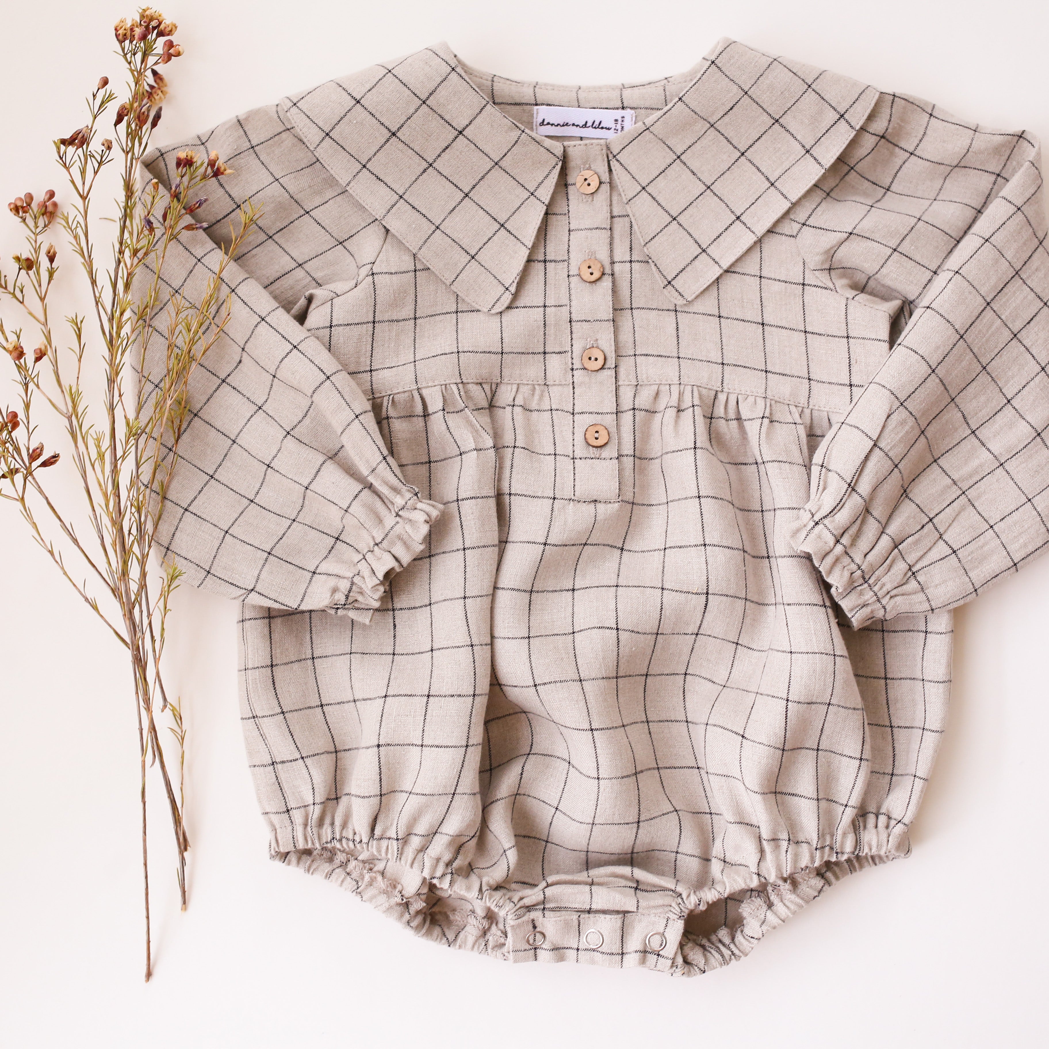 Natural Check Linen Long Sleeve Pointed Collar Bubble Playsuit