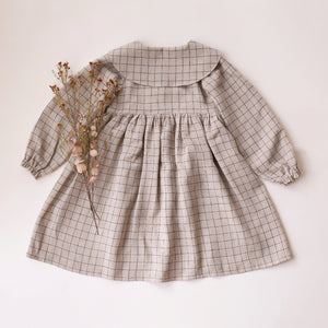 Natural Check Linen Long Sleeve Pointed Collar Dress