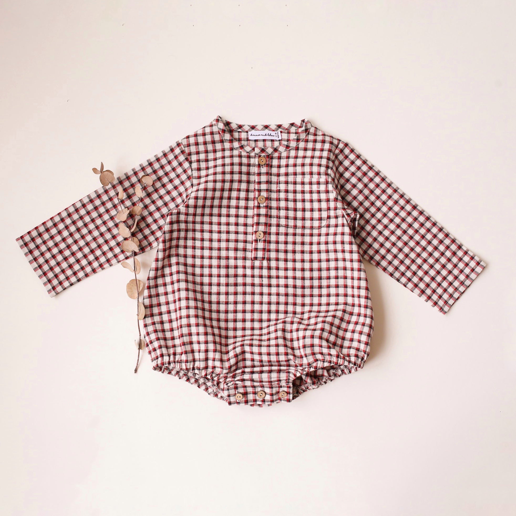 Red & Black Gingham Cotton Long Sleeve Bubble Onesie with Pocket