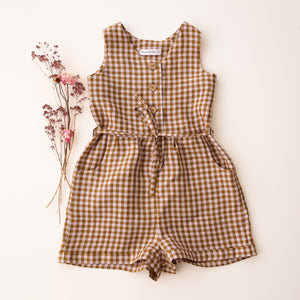 6-12 months - Brown Gingham Linen Belted Romper