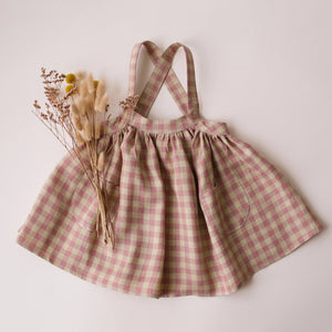 Blush & Cream Gingham Linen Straps Pinafore with Pockets