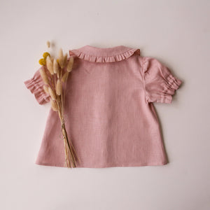 Powder Linen Short Sleeve Frilled Collar Button Front Blouse