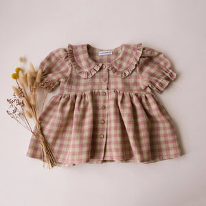 Blush & Cream Gingham Linen Short Sleeve Frilled Collar Blouse with Curved Bodice