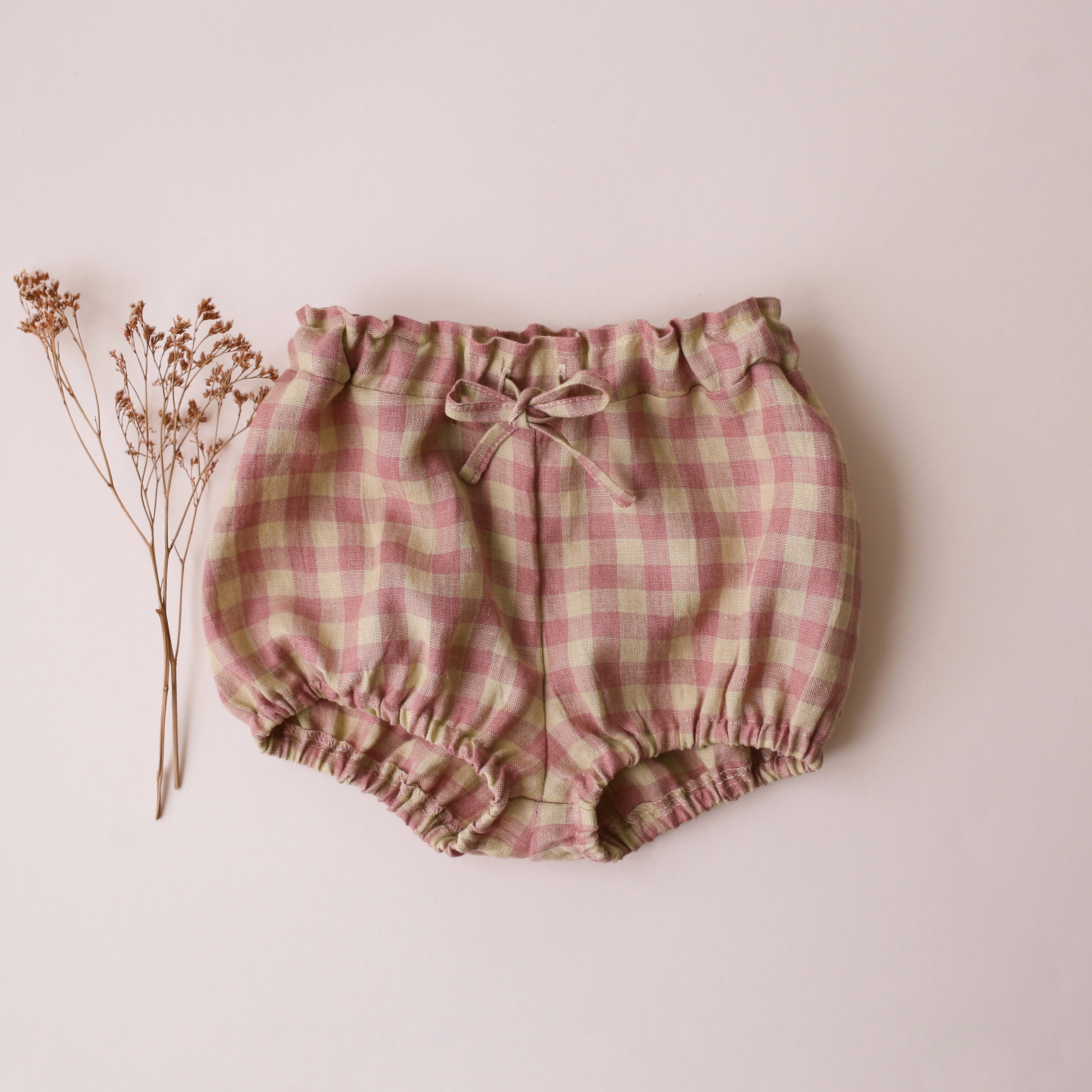 Blush & Cream Gingham Linen Bubble Shorts