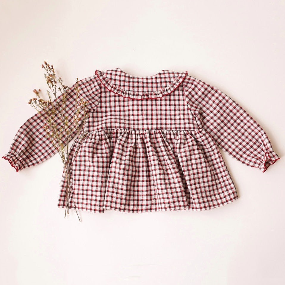Red & Black Gingham Cotton Frilled Collar Blouse with Curved Bodice