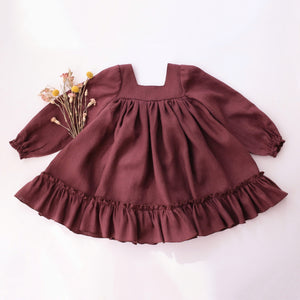 Chocolate Plum Linen Long Sleeve Square Neck Dress with Ruffled Hem