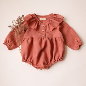 Rose Bouquet Linen Long Sleeve Ruffle Collar Button-Front Bubble Playsuit