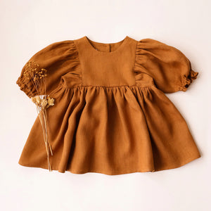 4-5 YRS - Caramel Linen Puff Sleeve Dress