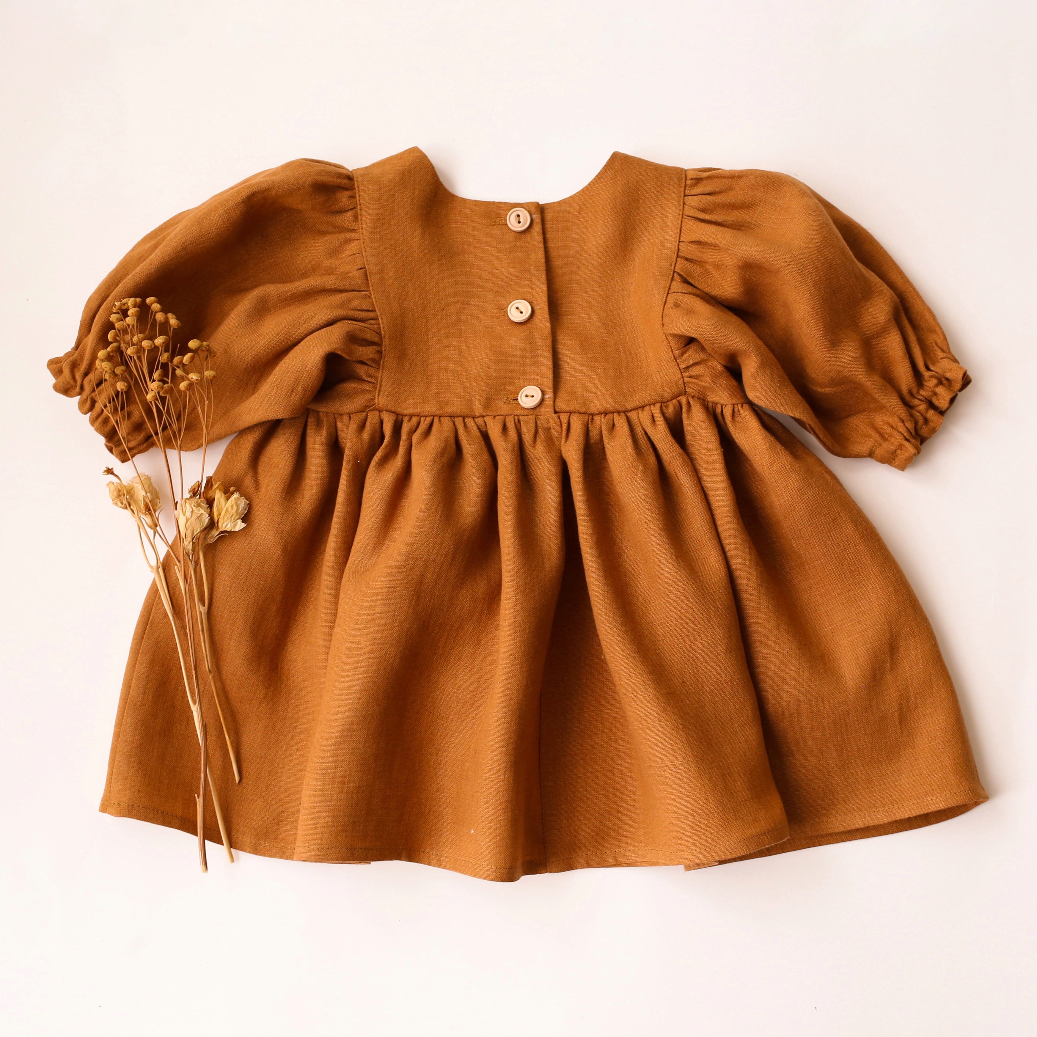 4-5 YRS - Caramel Linen Puff Sleeve Dress