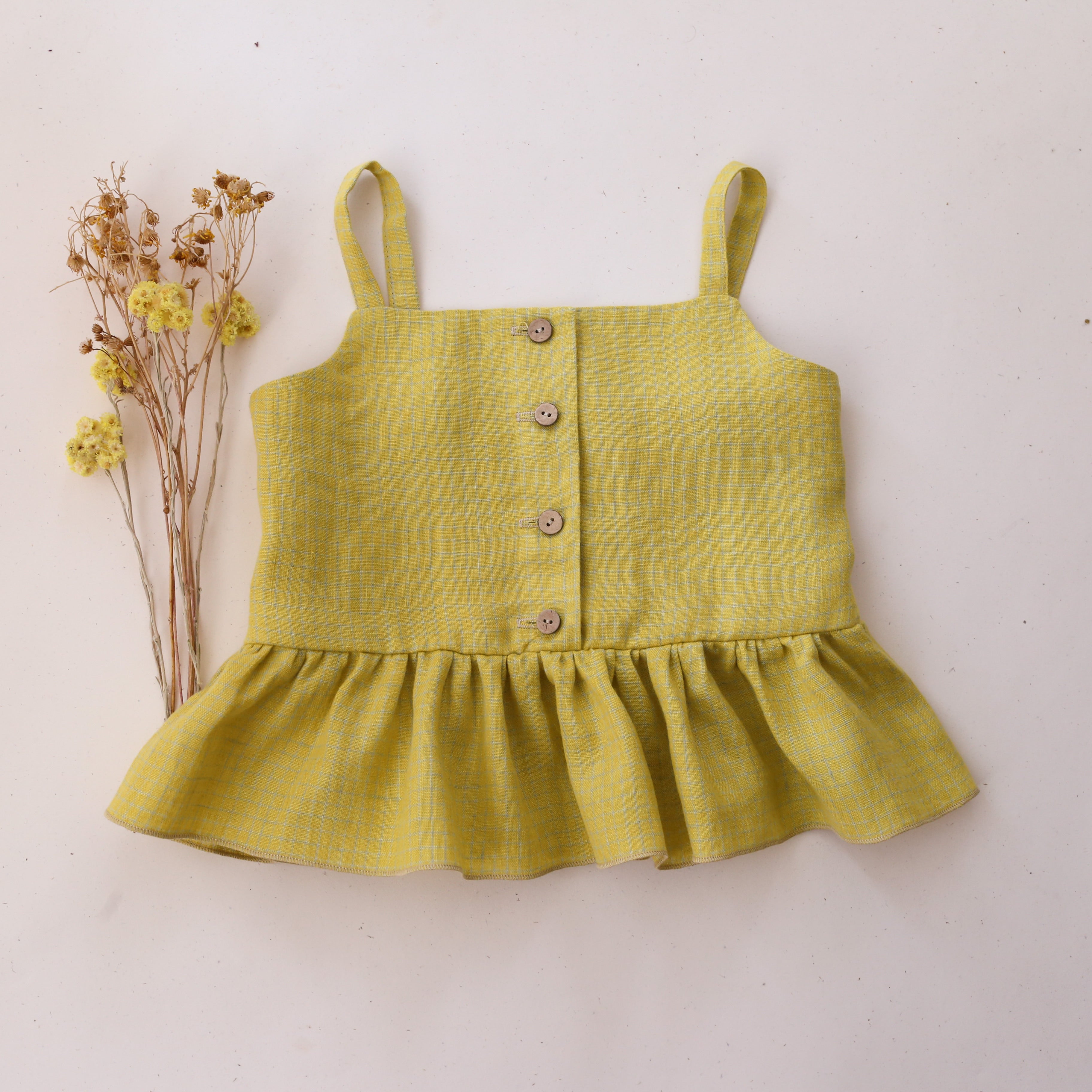 Lemon Gingham Linen Summer Button-Front Top